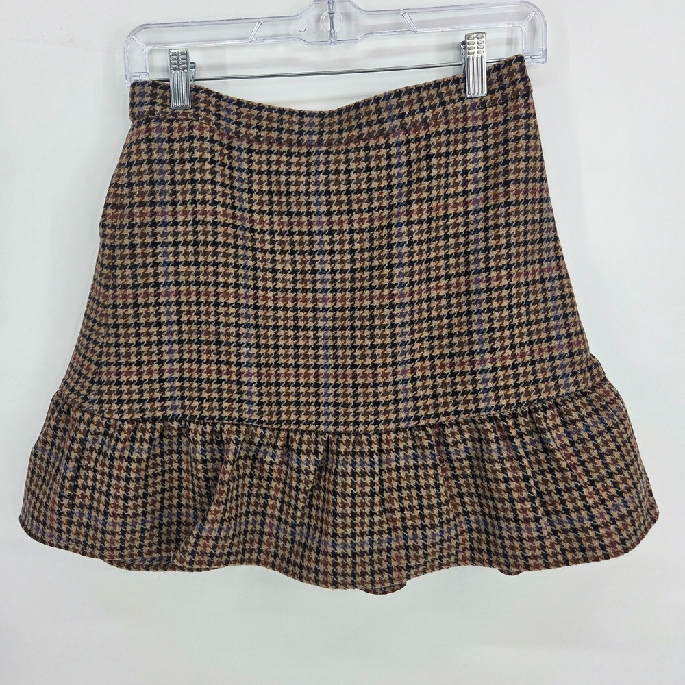 J.Crew Mercantile Skirt 6 Brown Houndstooth Wool Ruffle Dark Academia Preppy